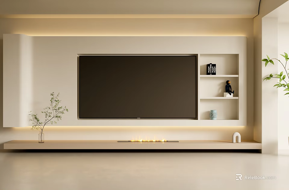 Modern TV Background Wall With Built in Shelves Fireplace And Minimalist Decor 3d model 