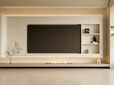 Modern TV Background Wall With Built in Shelves Fireplace And Minimalist Decor 3d model