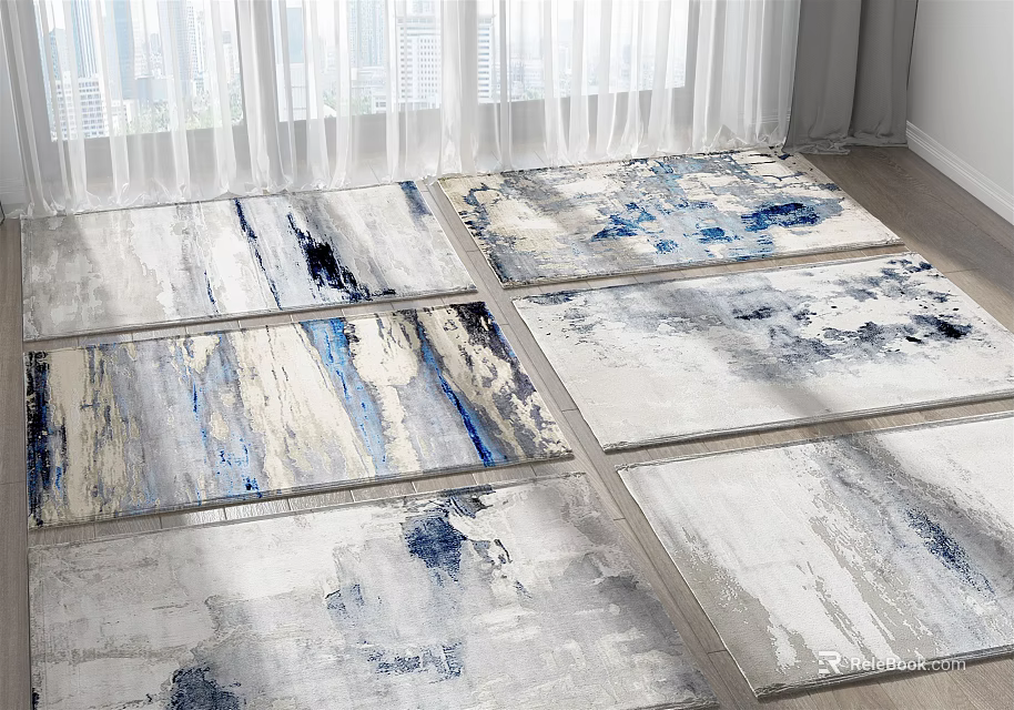 Modern Square Rugs With Abstract Blue Gray White Patterns In Bright Room 3d model 