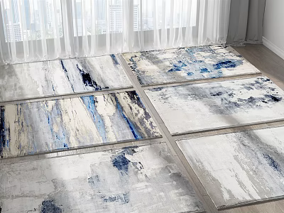 Modern Square Rugs With Abstract Blue Gray White Patterns In Bright Room 3d model