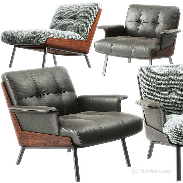 Contemporary Leisure Chairs Featuring Leather And Fabric Upholstery With Wooden Armrests 3d model 
