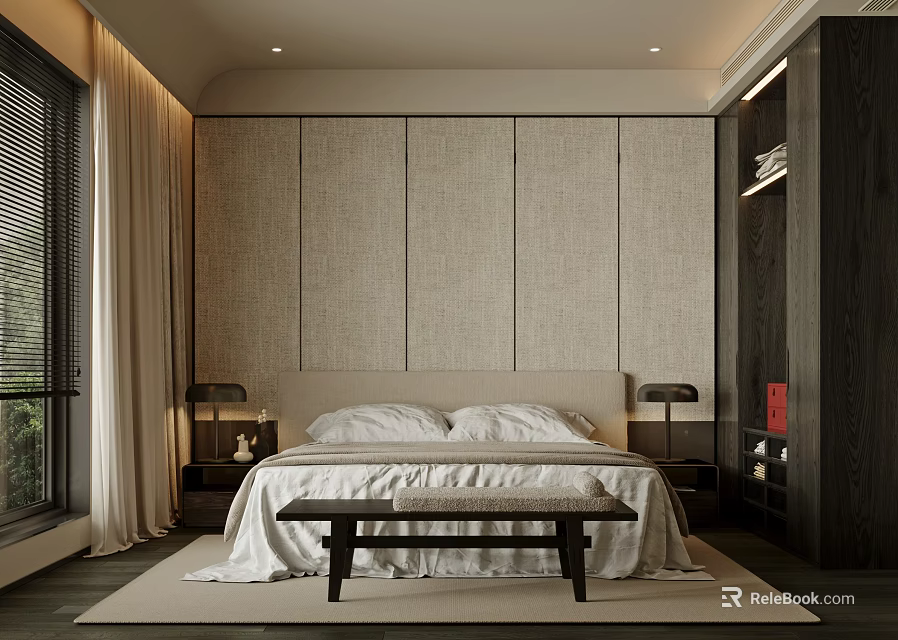 Minimalist Modern Bedroom Interior With Wooden Wall Panels Bed Bench And Curtains 3d model 