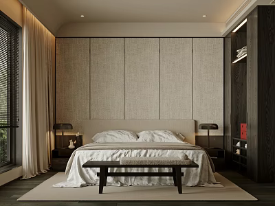 Minimalist Modern Bedroom Interior With Wooden Wall Panels Bed Bench And Curtains 3d model