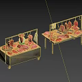 Raw Meat Display On Metal Stands With Hanging Pieces And Scale