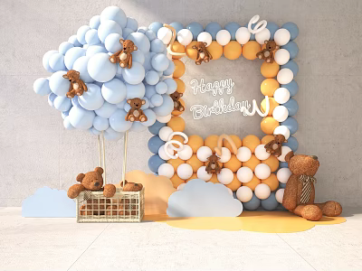 Happy Birthday Party Decor With Blue Yellow Balloons Teddy Bears And Clouds 3d model