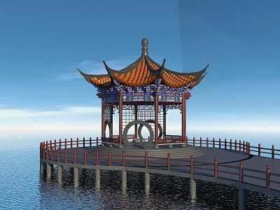 Elegant Traditional Chinese Pavilion With Ornate Roof On Waterfront Platform Railing And Blue Sky 3d model