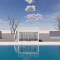 White Container Building With Top Railing Staircase Glass Doors And Wooden Floor