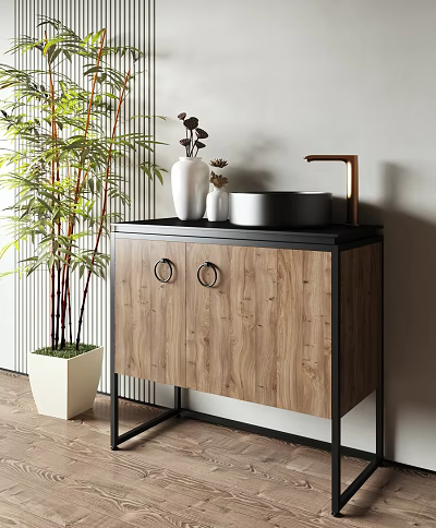 Modern Wooden Washstand With Black Countertop Metal Handles And Green Plant Decoration 3d model