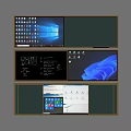Home Office Wall With Multiple Screens Showing Windows Desktop Abstract Blue Design And Line Drawings