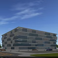 Modern Multi Storey Office Building With Glass Facade Blue Sky Greenery And Road Vehicles