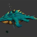 Turquoise Dragon 3D Model Game Movie Character Flying with Yellow Accents and Orange Underbelly