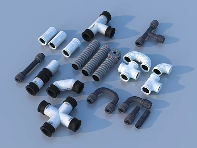 Various Types of Household Plumbing Fittings with Elbows Tees and Corrugated Pipes 3d model