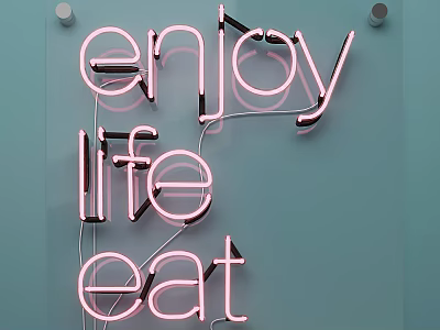 Pink Neon Decorative Lights With Enjoy Life Eat Text On Light Blue Indoor Wall 3d model