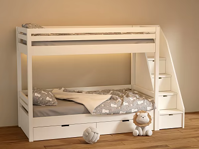 White Wooden Bunk Bed With Stairs Storage Drawers And Gray Bedding For Kids Room 3d model