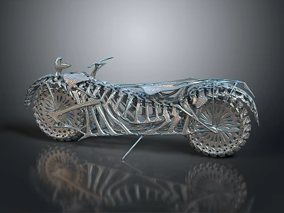 Silver Skeleton Motorcycle with Metallic Texture and Artistic Design on Reflective Gray Background 3d model
