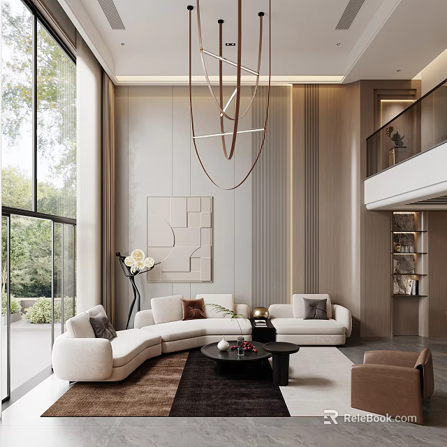 Modern Living Room Interior With Cream Sofa Black Coffee Table And Floor To Ceiling Windows 3d model 