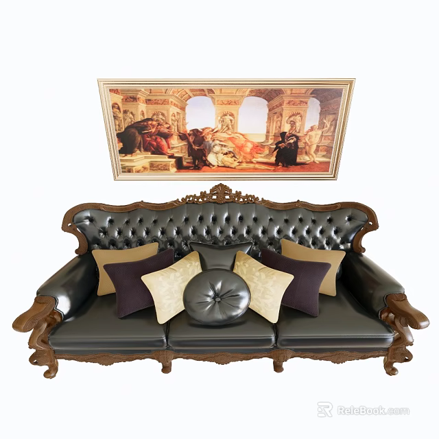 Classic Three Seater Leather Sofa With Carved Wood Armrests Beige Dark Purple Cushions And Vintage Painting 3d model 