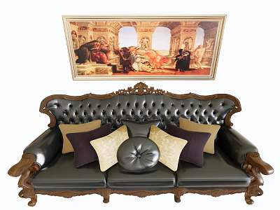 Classic Three Seater Leather Sofa With Carved Wood Armrests Beige Dark Purple Cushions And Vintage Painting 3d model