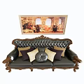 Classic Three Seater Leather Sofa With Carved Wood Armrests Beige Dark Purple Cushions And Vintage Painting