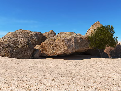 Large Natural Stone Boulders and Wood Tree in Sandy Desert with Clear Blue Sky 3d model
