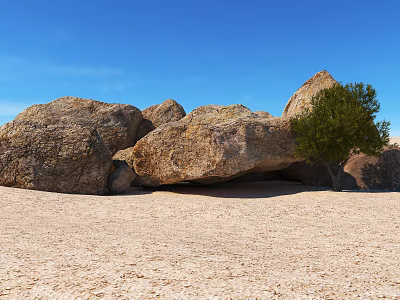 Large Natural Stone Boulders and Wood Tree in Sandy Desert with Clear Blue Sky 3d model