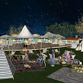 Cozy Outdoor Tent Under Starry Night Sky With Colorful Bunting String Lights Bonfire And People Gathering