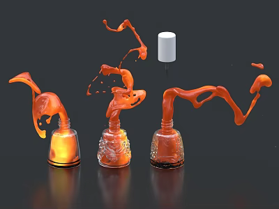 Decorative Ornament Set With Three Transparent Glass Bottles Orange Flowing Liquid And White Cylindrical Accent 3d model
