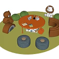 Round Kids Table with Green Rug Blue Stools Stuffed Animals and Curved Seat