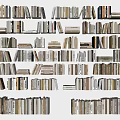 Vintage Books Collection Stacked on Shelves with Various Sizes and Colors
