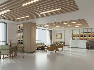 Lounge Area With Wooden Ceiling Large Windows Natural Light Sofas Chairs And Bookshelves 3d model