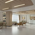 Lounge Area With Wooden Ceiling Large Windows Natural Light Sofas Chairs And Bookshelves