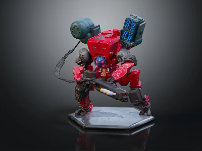 Smart Machine Red Robot Figure With Weapon System And Backpack On Hexagonal Base 3d model