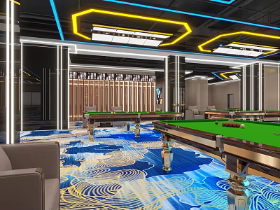 Modern Billiard Room Interior With Green Pool Tables And Blue Gold Patterned Carpet 3d model