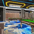 Modern Billiard Room Interior With Green Pool Tables And Blue Gold Patterned Carpet