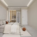 Modern Bedroom Interior With Large Bed Beige Bedding Marble Wall And City View