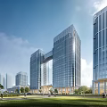 Modern Office Complex with Glass Curtain Walls Greenery and Water Feature in Urban Area