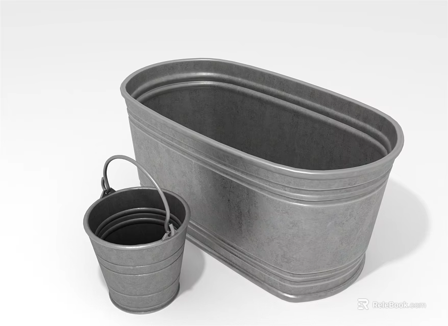 Two Metal Containers Oval Large Bucket And Small Handle Bucket 3d model 