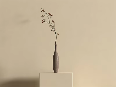 Elegant Gray Vase With Dried Flowers On White Pedestal Against Beige Wall 3d model