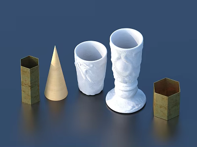 Assorted Decorative Ornament Set With Wooden Cone White Patterned Vases And Metallic Hexagons 3d model