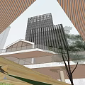 Modern Commercial Street With Stairs Pedestrians Tall Buildings Greenery And Glass Facades