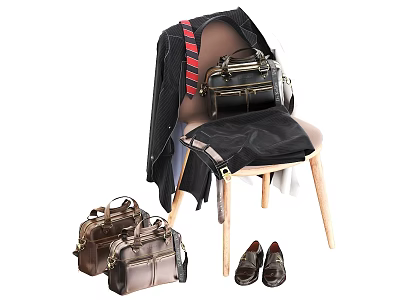Stylish Coat Draped Over Chair With Leather Bags And Dress Shoes 3d model