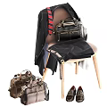 Stylish Coat Draped Over Chair With Leather Bags And Dress Shoes