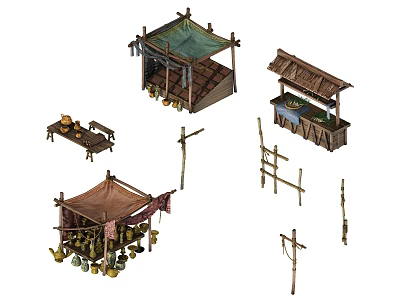 Rustic Shop Display With Canopy Roof Wooden Shelves And Artisanal Products For Sale 3d model