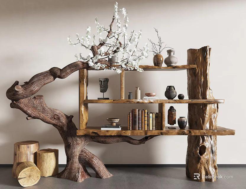 Decorative Ornament Set On Tree Root Shaped Wooden Shelf With White Flowers Vases Books Sculptures 3d model 