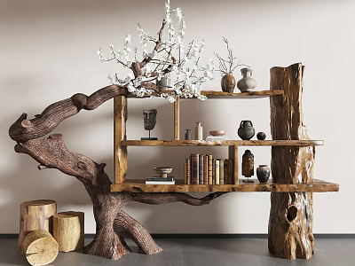 Decorative Ornament Set On Tree Root Shaped Wooden Shelf With White Flowers Vases Books Sculptures 3d model
