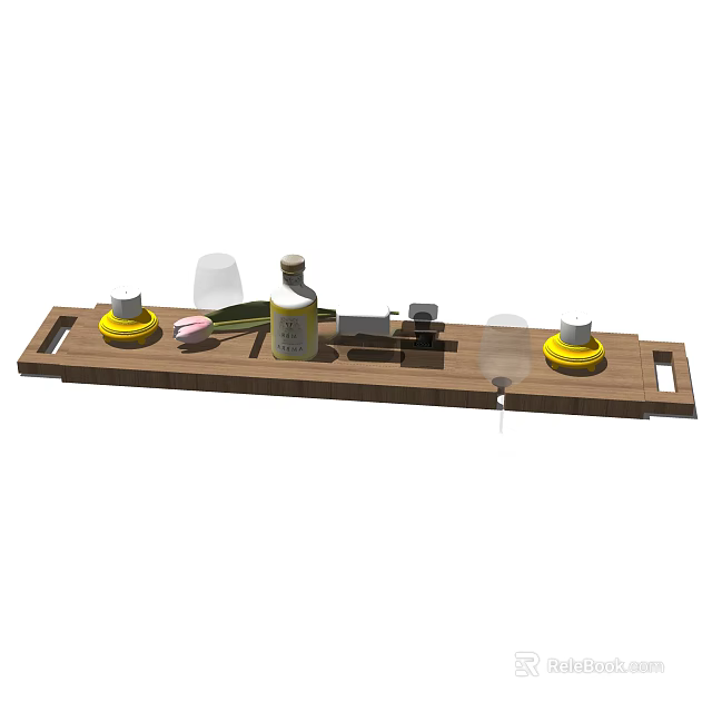 Bathroom Accessories Wooden Tray With Yellow Containers Liquid Bottle And Pink Flower 3d model 