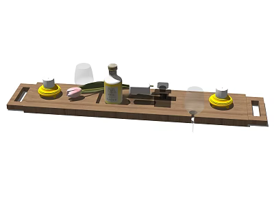 Bathroom Accessories Wooden Tray With Yellow Containers Liquid Bottle And Pink Flower 3d model