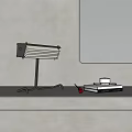 Modern Desk Lamp on Window Side Table with Books Coffee Cup Cherries and Sea View