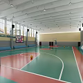 Basketball Gymnasium Interior With Green Red Court Floor White Lines Hoop Bleachers And Ceiling Lighting
