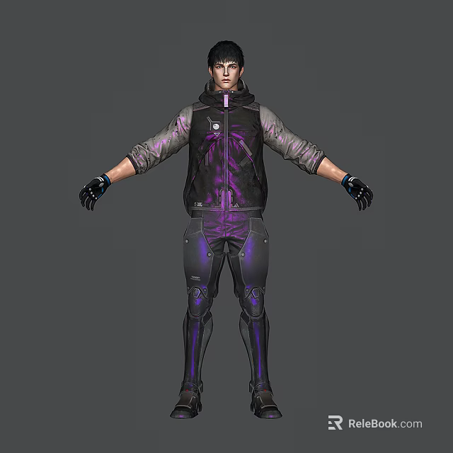 Futuristic Game Movie Character In Purple Black Armor With Glowing Details 3d model 